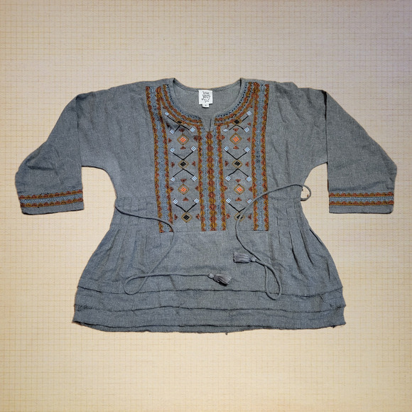 Ivy Jane, Small | Embroidery Cotton Waist Tie Boho 3/4 Sleeve Top - Picture 1 of 4